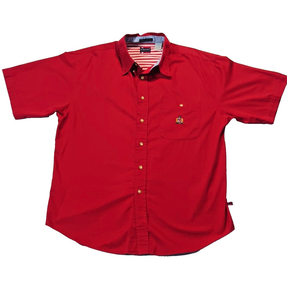 Bugle Boy Classics Men's L Red Solid Cotton Woven Short Sleeve Button-Up Pockets